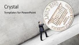  Presentation with hill - Cool new theme with businessman rolling cent coin up the hill backdrop and a light gray colored foreground