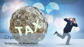 Presentation with tax - Amazing PPT theme having businessman-running-away-in-tax backdrop and a light blue colored foreground