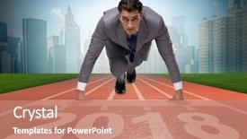  Presentation with new year - PPT theme featuring businessman running towards new year background and a coral colored foreground