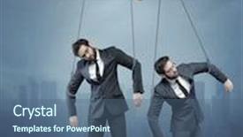  Presentation with worker - Slide deck with success puppet - businessman's hand controlling a worker background and a ocean colored foreground