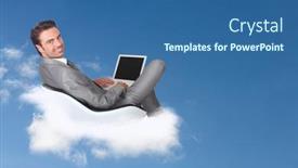  Presentation with cloud - Amazing PPT theme having businessman-sat-on-a-cloud backdrop and a ocean colored foreground