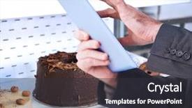  Presentation with swiss roll - Cool new slide deck with businessman scrolling on his digital tablet against close up of desert like swiss roll and coffee cake backdrop and a dark gray colored foreground