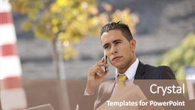  Presentation with newspaper laptop - Cool new slide deck with businessman seated in a bench working with his laptop calling at the cellular and reading his newspaper backdrop and a coral colored foreground