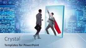  Presentation with superhero - Audience pleasing slides consisting of businessman seeing himself in mirror as superhero backdrop and a light blue colored foreground