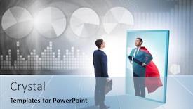  Presentation with superhero - Slide set consisting of businessman seeing himself in mirror as superhero background and a light blue colored foreground