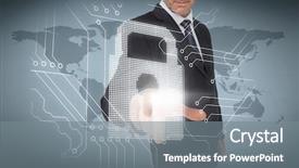  Presentation with padlock - Beautiful presentation featuring businessman selecting a white padlock backdrop and a gray colored foreground