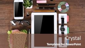  Presentation with flat - Colorful slide set enhanced with businessman-set-flat-lay backdrop and a tawny brown colored foreground