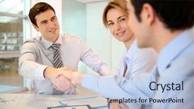  Presentation with business partner - Amazing presentation having businessman shaking hand to business backdrop and a light blue colored foreground