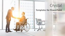  Presentation with business partner - PPT layouts having businessman-shaking-hands-with-disabled background and a white colored foreground