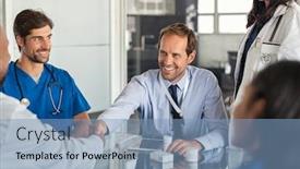  Presentation with shaking hands - Cool new PPT theme with businessman-shaking-hands-with-doctor backdrop and a light blue colored foreground