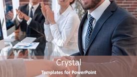  Presentation with business partner - Beautiful theme featuring businessman-shaking-hands backdrop and a coral colored foreground