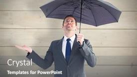  Presentation with bleached - Amazing PPT layouts having businessman sheltering under black umbrella against bleached wooden planks background backdrop and a ocean colored foreground