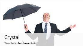  Presentation with under umbrella - Beautiful PPT layouts featuring businessman sheltering under black umbrella testing on white background backdrop and a white colored foreground