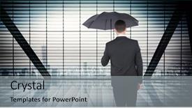  Presentation with under umbrella - PPT layouts having businessman sheltering under black umbrella against room with large window looking on city background and a light gray colored foreground