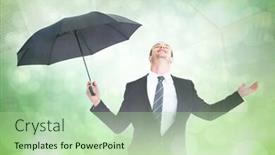  Presentation with under umbrella - Beautiful slide deck featuring businessman sheltering under black umbrella testing against green abstract light spot design backdrop and a mint green colored foreground
