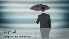  Presentation with under umbrella - Audience pleasing PPT theme consisting of businessman sheltering under black umbrella against grey shutters backdrop and a light gray colored foreground