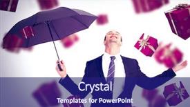  Presentation with under umbrella - Beautiful slide deck featuring businessman sheltering under black umbrella testing against red presents backdrop and a navy blue colored foreground