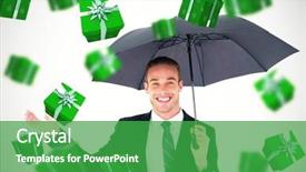  Presentation with under umbrella - Colorful slide deck enhanced with businessman sheltering under black umbrella against green presents backdrop and a shamrock green colored foreground