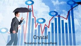  Presentation with under umbrella - Slide deck featuring businessman sheltering under black umbrella against blue data background and a light blue colored foreground