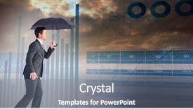  Presentation with under umbrella - Slide set consisting of businessman sheltering under black umbrella against blue data background and a gray colored foreground