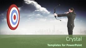  Presentation with shooting - PPT theme consisting of businessman shooting a bow and arrow against blue sky over city background and a tawny brown colored foreground