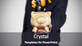  Presentation with piggy bank - Audience pleasing slide deck consisting of businessman showing a gold piggy bank with international currencies backdrop and a dark gray colored foreground