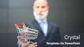  Presentation with ecommerce - Presentation theme featuring businessman-showing-a-shopping-cart background and a tawny brown colored foreground