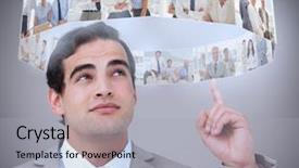  Presentation with coworkers - Beautiful PPT theme featuring businessman showing futuristic interface of coworkers above his head backdrop and a light gray colored foreground