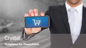  Presentation with new york - Colorful PPT layouts enhanced with businessman showing his smartphone screen against new york street backdrop and a gray colored foreground