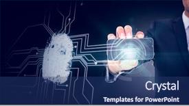 Presentation with circuit board - PPT theme featuring businessman showing his smartphone screen against fingerprint on circuit board background and a ocean colored foreground