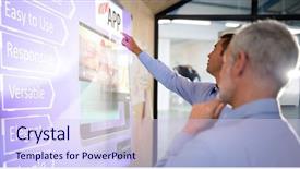  Presentation with mobile application - Slide deck having businessman showing something on board background and a sky blue colored foreground