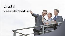  Presentation with coworkers - Theme consisting of businessman showing something to coworkers on terrace against sky background and a white colored foreground