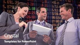  Presentation with shares - Audience pleasing slide deck consisting of businessman showing tablet to his colleagues against stocks and shares backdrop and a gray colored foreground