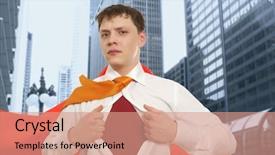  Presentation with superhero - Beautiful presentation design featuring businessman showing the superhero suit under his shirt with cityscape in the background backdrop and a coral colored foreground