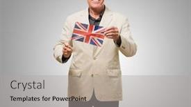  Presentation with united - Slide set enhanced with businessman showing united kingdom flag against a grey background background and a light gray colored foreground