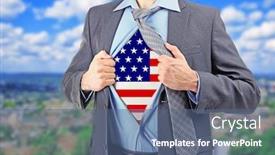 Presentation with usa flag - Slide deck enhanced with businessman showing usa flag under suit on blurred cityscape background background and a ocean colored foreground