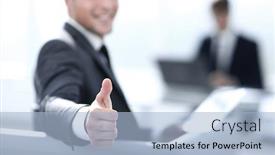  Presentation with stage shows - Colorful PPT theme enhanced with businessman shows thumb up backdrop and a light blue colored foreground