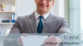  Presentation with office - Colorful slide set enhanced with businessman-signing-business-documents backdrop and a light blue colored foreground