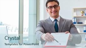  Presentation with office - Beautiful slide deck featuring businessman signing business documents backdrop and a sky blue colored foreground