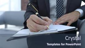  Presentation with contract - PPT theme having businessman-signs-a-contract-holding background and a tawny brown colored foreground