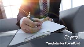  Presentation with contract - Audience pleasing slides consisting of businessman-signs-a-contract-holding backdrop and a ocean colored foreground