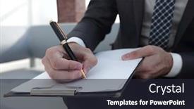  Presentation with contract - PPT layouts featuring businessman signs a contract holding pen in hand background and a wine colored foreground