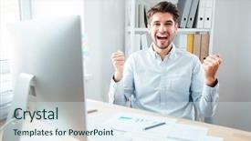  Presentation with cheerful - Presentation having work celebration - cheerful excited young businessman sitting background and a sky blue colored foreground