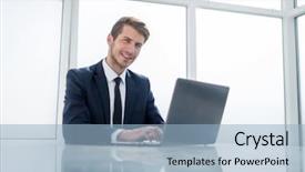  Presentation with confident - PPT theme with businessman sitting at a table background and a  colored foreground