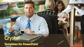  Presentation with coffe - PPT layouts consisting of businessman sitting at coffe table in cafe waiter serving sweets to young women in the background background and a tawny brown colored foreground