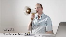  Presentation with speaking - Presentation theme featuring businessman-sitting-at-desk-speaking background and a light gray colored foreground