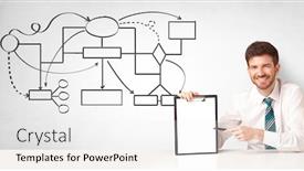  Presentation with organizational chart - Audience pleasing presentation theme consisting of businessman sitting at desk and presenting organizational chart backdrop and a white colored foreground