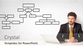  Presentation with organizational chart - PPT layouts having businessman sitting at desk and presenting organizational chart background and a sky blue colored foreground