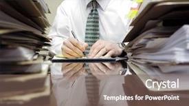  Presentation with piles - Presentation design consisting of businessman sitting at desk with pad of paper and piles files background and a violet colored foreground