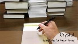  Presentation with piles - Beautiful presentation design featuring businessman sitting at desk with pad of paper and piles fileswriting backdrop and a coral colored foreground